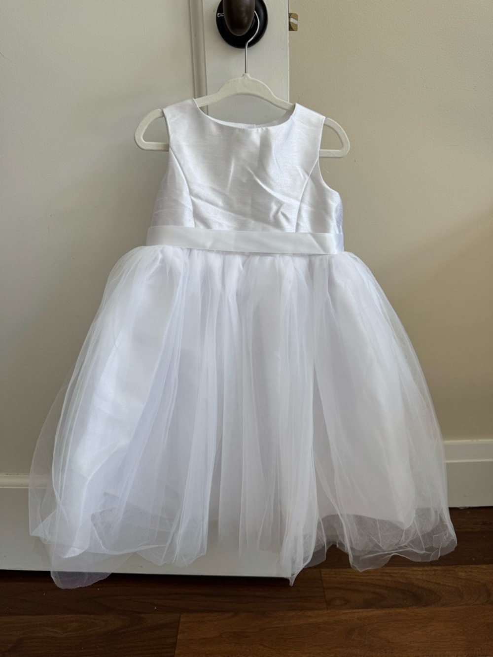 David's Bridal White Tulle Flower Girl Dress with Satin Bodice